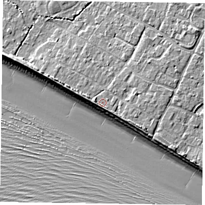Shaded relief map of the ground around PO208QR, computed from Environment Agency LiDAR. The ground here sits at about 5 m above sea level and falls 9 m across the surrounding 800 m. Surface water reaching this point runs off ground lying to the west, 1.1 m higher.