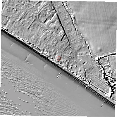 Shaded relief map of the ground around PO208QU, computed from Environment Agency LiDAR. The ground here sits at about 4 m above sea level and falls 9 m across the surrounding 800 m. Surface water reaching this point runs off ground lying to the south-west, 1.0 m higher.