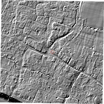 Shaded relief map of the ground around PO208QX, computed from Environment Agency LiDAR. The ground here sits at about 5 m above sea level and falls 7 m across the surrounding 800 m. Surface water reaching this point runs off ground lying to the east, 1.8 m higher.