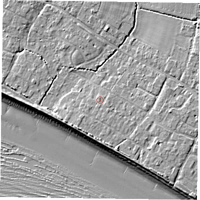 Shaded relief map of the ground around PO208RB, computed from Environment Agency LiDAR. The ground here sits at about 5 m above sea level and falls 10 m across the surrounding 800 m. Surface water reaching this point runs off ground lying to the south-south-west, 0.7 m higher.