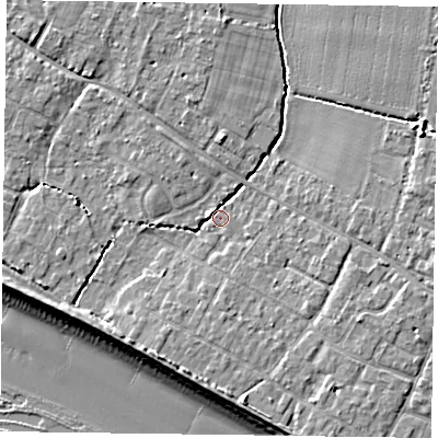 Shaded relief map of the ground around PO208RE, computed from Environment Agency LiDAR. The ground here sits at about 4 m above sea level and falls 10 m across the surrounding 800 m. Surface water reaching this point runs off ground lying to the south-south-west, 3.5 m higher.