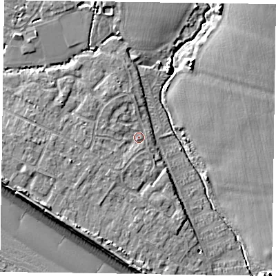 Shaded relief map of the ground around PO208RG, computed from Environment Agency LiDAR. The ground here sits at about 4 m above sea level and falls 9 m across the surrounding 800 m. Surface water reaching this point runs off ground lying to the west, 1.6 m higher.