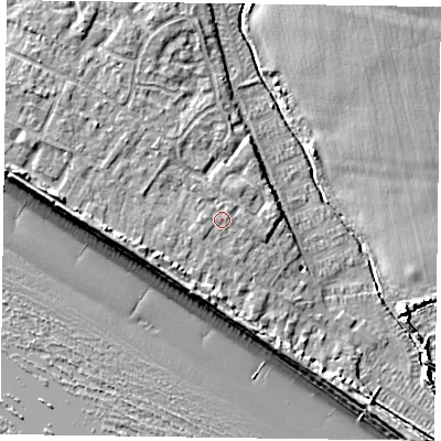 Shaded relief map of the ground around PO208RH, computed from Environment Agency LiDAR. The ground here sits at about 4 m above sea level and falls 8 m across the surrounding 800 m. Surface water reaching this point runs off ground lying to the west, 2.6 m higher.