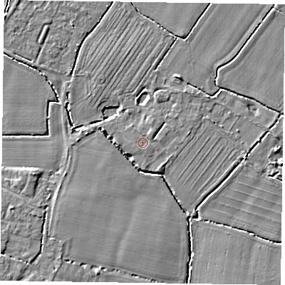 Shaded relief map of the ground around PO208RL, computed from Environment Agency LiDAR. The ground here sits at about 5 m above sea level and falls 4 m across the surrounding 800 m. Surface water reaching this point runs off ground lying to the north-east, 0.9 m higher.