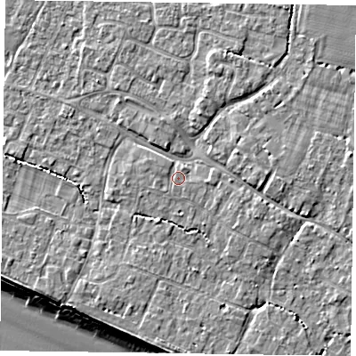 Shaded relief map of the ground around PO208RP, computed from Environment Agency LiDAR. The ground here sits at about 5 m above sea level and falls 8 m across the surrounding 800 m. Surface water reaching this point runs off ground lying to the west-north-west, 0.6 m higher.