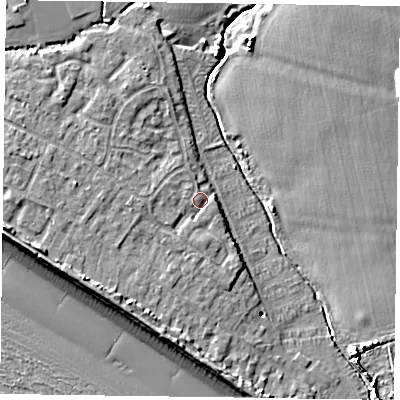 Shaded relief map of the ground around PO208RQ, computed from Environment Agency LiDAR. The ground here sits at about 4 m above sea level and falls 9 m across the surrounding 800 m. Surface water reaching this point runs off ground lying to the west, 2.0 m higher.