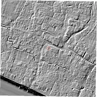 Shaded relief map of the ground around PO208RR, computed from Environment Agency LiDAR. The ground here sits at about 5 m above sea level and falls 8 m across the surrounding 800 m. Surface water reaching this point runs off ground lying to the east, 1.0 m higher.