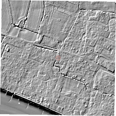 Shaded relief map of the ground around PO208RS, computed from Environment Agency LiDAR. The ground here sits at about 5 m above sea level and falls 9 m across the surrounding 800 m. Surface water reaching this point runs off ground lying to the north-west, 0.5 m higher.