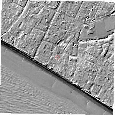 Shaded relief map of the ground around PO208RX, computed from Environment Agency LiDAR. The ground here sits at about 4 m above sea level and falls 9 m across the surrounding 800 m. Surface water reaching this point runs off ground lying to the south-south-east, 1.8 m higher.