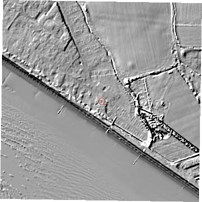 Shaded relief map of the ground around PO208SB, computed from Environment Agency LiDAR. The ground here sits at about 3 m above sea level and falls 9 m across the surrounding 800 m. Surface water reaching this point runs off ground lying to the south-west, 2.8 m higher.