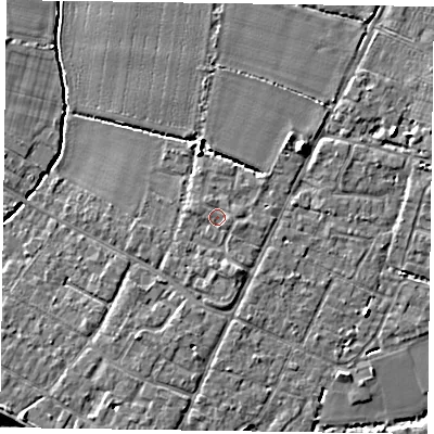 Shaded relief map of the ground around PO208SR, computed from Environment Agency LiDAR. The ground here sits at about 6 m above sea level and falls 6 m across the surrounding 800 m. Surface water reaching this point runs off ground lying to the south-east, 0.9 m higher.