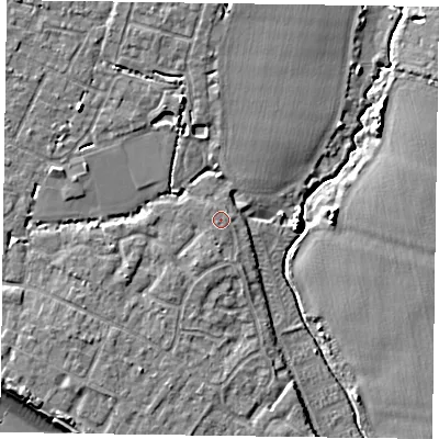Shaded relief map of the ground around PO208UA, computed from Environment Agency LiDAR. The ground here sits at about 4 m above sea level and falls 8 m across the surrounding 800 m. Surface water reaching this point runs off ground lying to the south-west, 0.6 m higher.