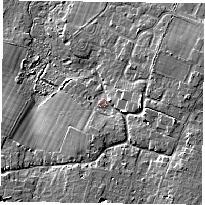 Shaded relief map of the ground around PO209AY, computed from Environment Agency LiDAR. The ground here sits at about 4 m above sea level and falls 8 m across the surrounding 800 m. Surface water reaching this point runs off ground lying to the south, 5.9 m higher.