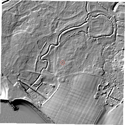 Shaded relief map of the ground around PO209BF, computed from Environment Agency LiDAR. The ground here sits at about 2 m above sea level and falls 9 m across the surrounding 800 m. Surface water reaching this point runs off ground lying to the south, 1.0 m higher.