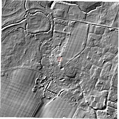 Shaded relief map of the ground around PO209BG, computed from Environment Agency LiDAR. The ground here sits at about 3 m above sea level and falls 8 m across the surrounding 800 m. Surface water reaching this point runs off ground lying to the south-south-east, 1.5 m higher.