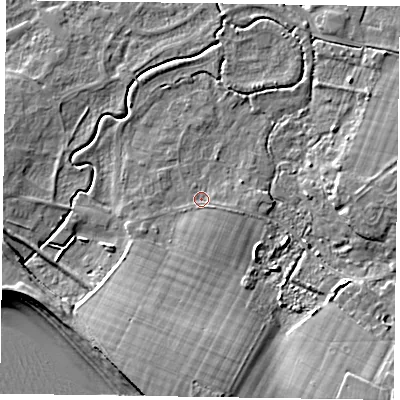 Shaded relief map of the ground around PO209BQ, computed from Environment Agency LiDAR. The ground here sits at about 2 m above sea level and falls 10 m across the surrounding 800 m. Surface water reaching this point runs off ground lying to the south, 6.7 m higher.