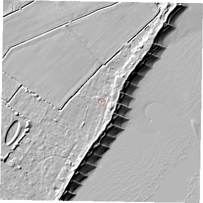 Shaded relief map of the ground around PO209BS, computed from Environment Agency LiDAR. The ground here sits at about 4 m above sea level and falls 9 m across the surrounding 800 m. Surface water reaching this point runs off ground lying to the south, 2.1 m higher.