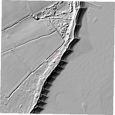 Shaded relief map of the ground around PO209BT, computed from Environment Agency LiDAR. The ground here sits at about 5 m above sea level and falls 8 m across the surrounding 800 m. Surface water reaching this point runs off ground lying to the south-west, 2.0 m higher.