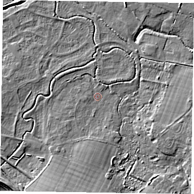 Shaded relief map of the ground around PO209BX, computed from Environment Agency LiDAR. The ground here sits at about 2 m above sea level and falls 7 m across the surrounding 800 m. Surface water reaching this point runs off ground lying to the south-south-west, 4.7 m higher.