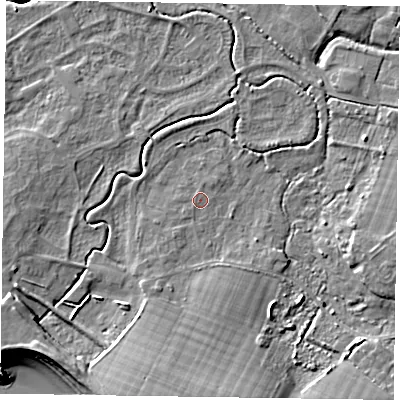 Shaded relief map of the ground around PO209BY, computed from Environment Agency LiDAR. The ground here sits at about 2 m above sea level and falls 9 m across the surrounding 800 m. Surface water reaching this point runs off ground lying to the south, 5.2 m higher.