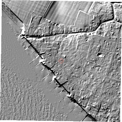 Shaded relief map of the ground around PO209DF, computed from Environment Agency LiDAR. The ground here sits at about 7 m above sea level and falls 11 m across the surrounding 800 m. Surface water reaching this point runs off ground lying to the north-east, 1.0 m higher.