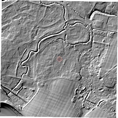 Shaded relief map of the ground around PO209DL, computed from Environment Agency LiDAR. The ground here sits at about 2 m above sea level and falls 9 m across the surrounding 800 m. Surface water reaching this point runs off ground lying to the south, 5.4 m higher.