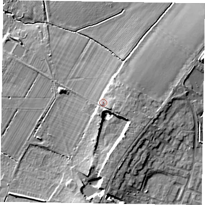 Shaded relief map of the ground around PO209DP, computed from Environment Agency LiDAR. The ground here sits at about 7 m above sea level and falls 10 m across the surrounding 800 m. Surface water reaching this point runs off ground lying to the east-south-east, 3.5 m higher.