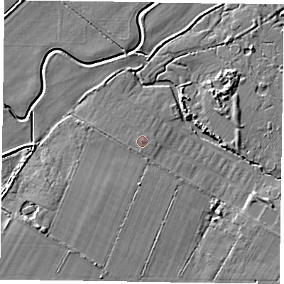 Shaded relief map of the ground around PO209DR, computed from Environment Agency LiDAR. The ground here sits at about 3 m above sea level and falls 6 m across the surrounding 800 m. The ground contributing surface water to this point lies to the south.