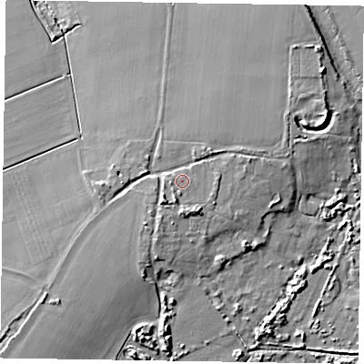 Shaded relief map of the ground around PO209DT, computed from Environment Agency LiDAR. The ground here sits at about 9 m above sea level and falls 10 m across the surrounding 800 m. Surface water reaching this point runs off ground lying to the south-south-west, 1.9 m higher.