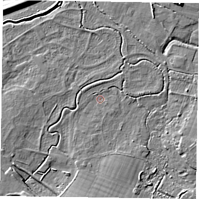 Shaded relief map of the ground around PO209EE, computed from Environment Agency LiDAR. The ground here sits at about 2 m above sea level and falls 7 m across the surrounding 800 m. Surface water reaching this point runs off ground lying to the south-west, 4.0 m higher.