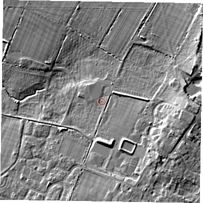 Shaded relief map of the ground around PO209EJ, computed from Environment Agency LiDAR. The ground here sits at about 4 m above sea level and falls 9 m across the surrounding 800 m. Surface water reaching this point runs off ground lying to the east-south-east, 0.6 m higher.