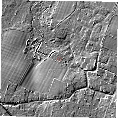 Shaded relief map of the ground around PO209EP, computed from Environment Agency LiDAR. The ground here sits at about 4 m above sea level and falls 11 m across the surrounding 800 m. Surface water reaching this point runs off ground lying to the south, 0.9 m higher.