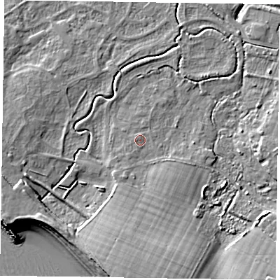 Shaded relief map of the ground around PO209HA, computed from Environment Agency LiDAR. The ground here sits at about 3 m above sea level and falls 10 m across the surrounding 800 m. Surface water reaching this point runs off ground lying to the south, 5.5 m higher.