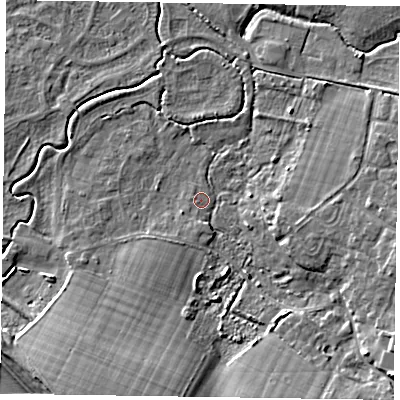 Shaded relief map of the ground around PO209HR, computed from Environment Agency LiDAR. The ground here sits at about 2 m above sea level and falls 9 m across the surrounding 800 m. Surface water reaching this point runs off ground lying to the south-south-west, 6.1 m higher.