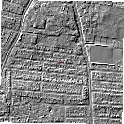 Shaded relief map of the ground around PO20TH, computed from Environment Agency LiDAR. The ground here sits at about 3 m above sea level and falls 5 m across the surrounding 800 m. Surface water reaching this point runs off ground lying to the west-south-west, 3.4 m higher.