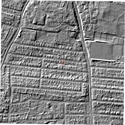Shaded relief map of the ground around PO20TL, computed from Environment Agency LiDAR. The ground here sits at about 3 m above sea level and falls 5 m across the surrounding 800 m. Surface water reaching this point runs off ground lying to the west-south-west, 3.4 m higher.