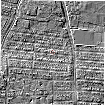 Shaded relief map of the ground around PO20TN, computed from Environment Agency LiDAR. The ground here sits at about 4 m above sea level and falls 5 m across the surrounding 800 m. Surface water reaching this point runs off ground lying to the west-south-west, 2.1 m higher.
