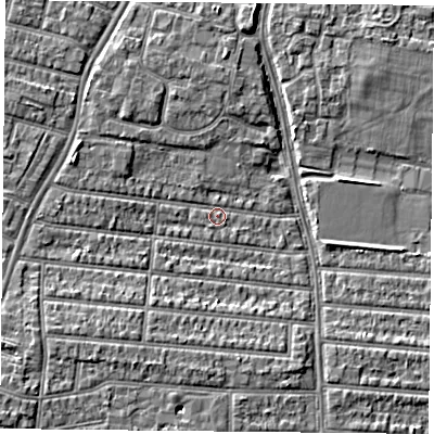 Shaded relief map of the ground around PO20TQ, computed from Environment Agency LiDAR. The ground here sits at about 3 m above sea level and falls 5 m across the surrounding 800 m. Surface water reaching this point runs off ground lying to the south-west, 4.5 m higher.