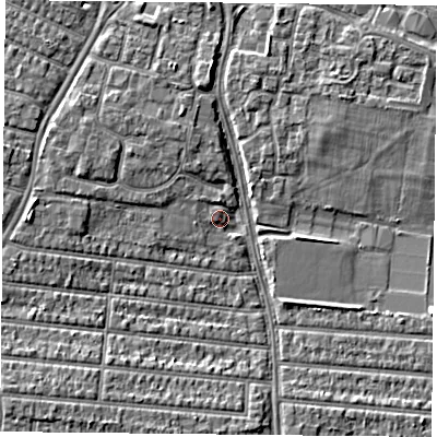 Shaded relief map of the ground around PO20TU, computed from Environment Agency LiDAR. The ground here sits at about 3 m above sea level and falls 4 m across the surrounding 800 m. Surface water reaching this point runs off ground lying to the south-south-west, 4.3 m higher.