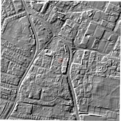 Shaded relief map of the ground around PO20UT, computed from Environment Agency LiDAR. The ground here sits at about 4 m above sea level and falls 3 m across the surrounding 800 m. Surface water reaching this point runs off ground lying to the south-south-east, 1.7 m higher.
