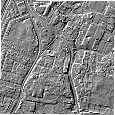 Shaded relief map of the ground around PO20UZ, computed from Environment Agency LiDAR. The ground here sits at about 3 m above sea level and falls 3 m across the surrounding 800 m. Surface water reaching this point runs off ground lying to the south, 1.9 m higher.