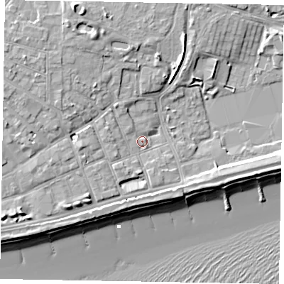 Shaded relief map of the ground around PO211AH, computed from Environment Agency LiDAR. The ground here sits at about 4 m above sea level and falls 12 m across the surrounding 800 m. Surface water reaching this point runs off ground lying to the north-north-west, 5.9 m higher.