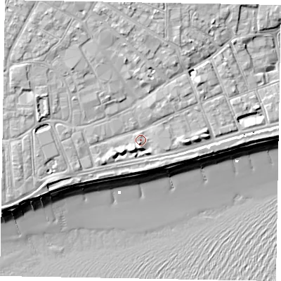 Shaded relief map of the ground around PO211BJ, computed from Environment Agency LiDAR. The ground here sits at about 5 m above sea level and falls 11 m across the surrounding 800 m. Surface water reaching this point runs off ground lying to the west-south-west, 3.1 m higher.