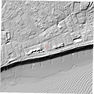 Shaded relief map of the ground around PO211BL, computed from Environment Agency LiDAR. The ground here sits at about 5 m above sea level and falls 11 m across the surrounding 800 m. Surface water reaching this point runs off ground lying to the north-west, 3.8 m higher.