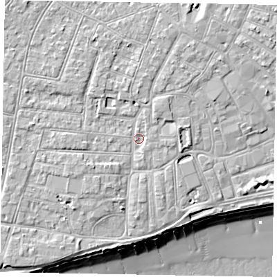 Shaded relief map of the ground around PO211DY, computed from Environment Agency LiDAR. The ground here sits at about 6 m above sea level and falls 11 m across the surrounding 800 m. Surface water reaching this point runs off ground lying to the north-north-east, 2.1 m higher.