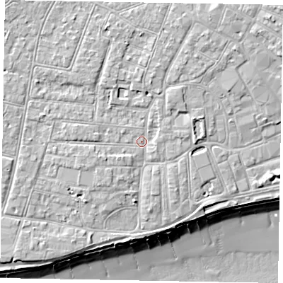 Shaded relief map of the ground around PO211EA, computed from Environment Agency LiDAR. The ground here sits at about 6 m above sea level and falls 11 m across the surrounding 800 m. Surface water reaching this point runs off ground lying to the north-north-east, 2.1 m higher.