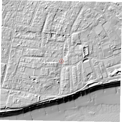 Shaded relief map of the ground around PO211EB, computed from Environment Agency LiDAR. The ground here sits at about 6 m above sea level and falls 11 m across the surrounding 800 m. Surface water reaching this point runs off ground lying to the north-north-east, 2.2 m higher.