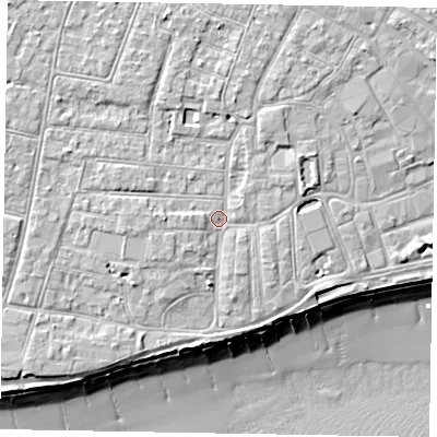 Shaded relief map of the ground around PO211FE, computed from Environment Agency LiDAR. The ground here sits at about 6 m above sea level and falls 10 m across the surrounding 800 m. Surface water reaching this point runs off ground lying to the north-north-east, 2.4 m higher.