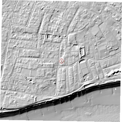 Shaded relief map of the ground around PO211FP, computed from Environment Agency LiDAR. The ground here sits at about 6 m above sea level and falls 11 m across the surrounding 800 m. Surface water reaching this point runs off ground lying to the north-north-east, 2.2 m higher.
