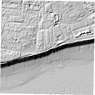 Shaded relief map of the ground around PO211GF, computed from Environment Agency LiDAR. The ground here sits at about 6 m above sea level and falls 10 m across the surrounding 800 m. Surface water reaching this point runs off ground lying to the north, 1.7 m higher.